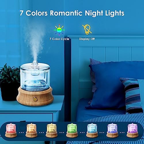 Lecdura Glass Essential Oil Diffuser, 80ML Small Glass Reservoir Natural Wood Base Ultrasonic Cool Mist Aroma Diffusers with USB-Cord Auto-Off 7 Color Light for Home Office Bedroom