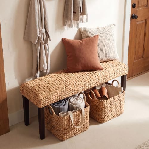 Solid Acacia Wood Entryway Bench with Water Hyacinth Woven Seat, Black Leg