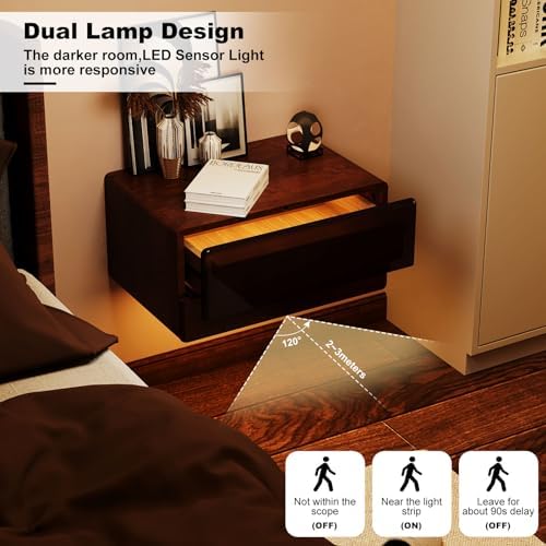 HedoAjim Floating Nightstand Smart Bedside Table LED Nightstand,Wall Mounted Sensor lamp cabniet with Storage for Bedroom Dorm Small Space Solid Wood,Dark Walnut