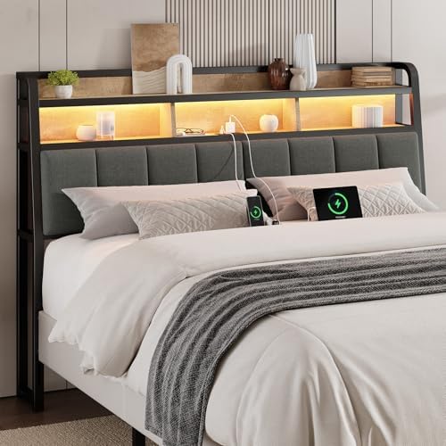 ONBRILL Ergonomic Headboard Full Size with 2-Tier Storage, Black & Brown