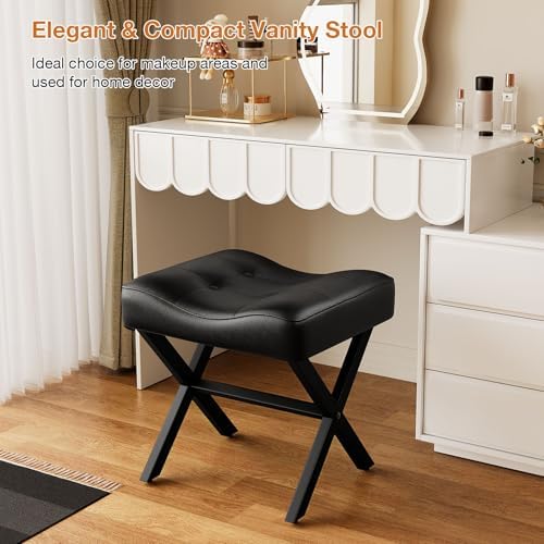 Memobarco 18-Inch Large Leather Vanity Stool Chair, Black Makeup Stool