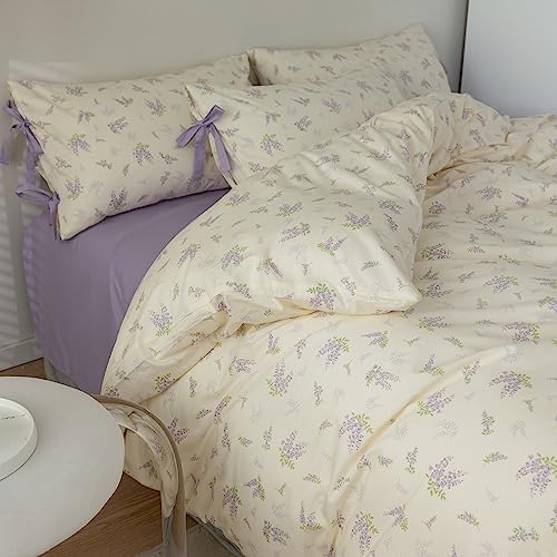 mixinni Lavender Flower Duvet Cover Twin XL Cotton Teenage Girls Flower Leaf Print 3pc Soft Cottage Ribbon Bedding Set Comforter Cover with Bowknot Pillowcase Perfect for Girls- (3pcs, Twin XL Size)