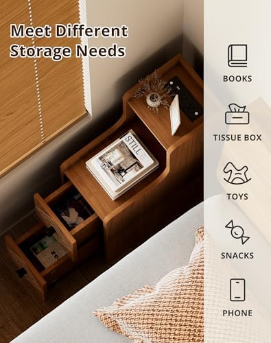 Set of 2 Narrow End Table with Charging Station, Walnut Skinny Bedside Tables with Storage Drawers, Small Side Tables for Small Spaces, Bedroom