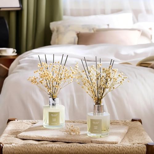 Airkeep Reed Diffuser 3.38 oz (100ml) 2pk, Clean Linen Scented Reed Diffuser Set,Reed Diffuser & Oil Diffuser Sticks, Aromatherapy, Airkeep Reed Diffuser Set Box 2-Clean Linen