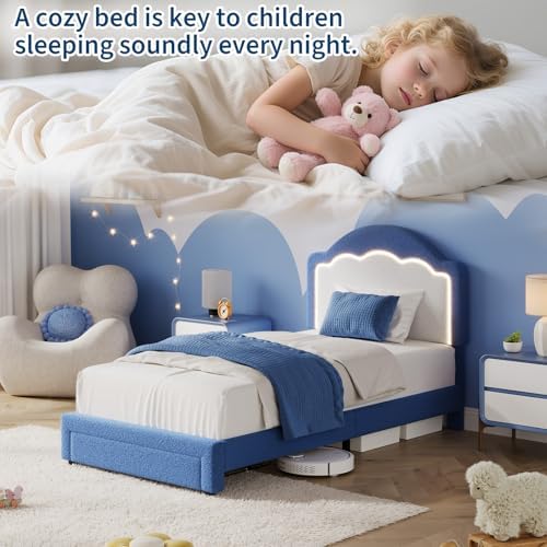Twin Size Kids Upholstered Platform Bed Frame with Adjustable LED Headboard