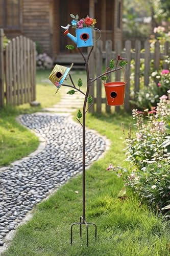 3-in-1 Metal Bird Houses for Outside with Pole, Colorful Birdhouse on Stake