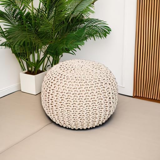 · REDEARTH · Round Pouf Ottoman - Hand Knitted Boho Poof Footrest - Natural
