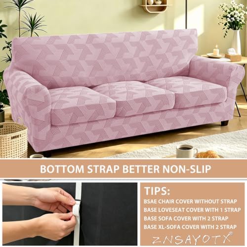 ZNSAYOTX 4 Piece Stretch Couch Covers (72"-90") New-Rectangle Texture, Thick Sofa Covers for 3 Cushion Couch Universal Sofa Slip Cover with Elastic Bottom & Buckle, Washable Protector Dusty Pink