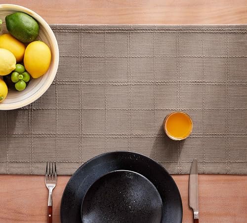 ZeeMart Linen Checked Farmhouse Table Runner, 13x108 Inches Cocoa Brown