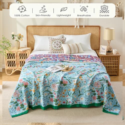 VANJOROY Boho Throw Blanket, 100% Organic Cotton Breathable Ultra Soft 91" x 108" King Bed Quilt Throw - All Season Floral Rustic Farmhouse Luxury Blanket for Sofa Couch Chair and Gift