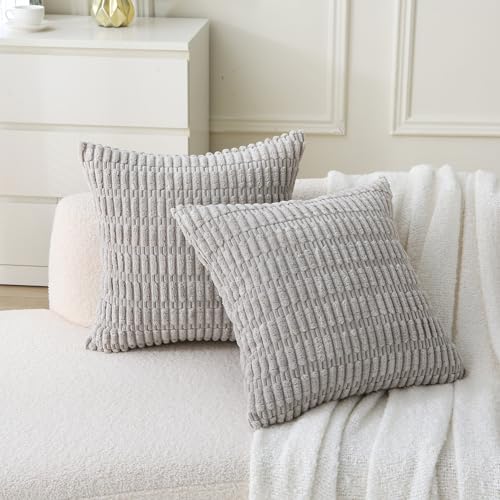 2 Pack Corduroy Decorative Throw Pillow with Inserts, 20x20 Inch Soft Boho Throw Pillow, Square Striped Throw Pillows for Couch, Bed, Sofa Decor (Light Gray)