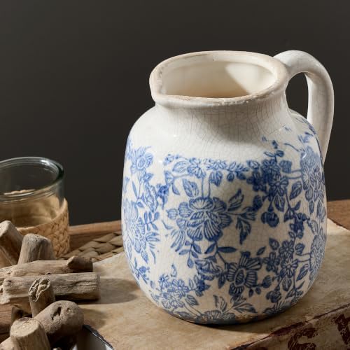 Ceramic Flower Vase, Vintage Utensil Holder, Blue and White Decorative Vase Chinoiserie Decor Rustic Farmhouse Retro Floral Vases for Table Bookshelf Mantel Kitchen Living Room Office - 6.7” Blue 016