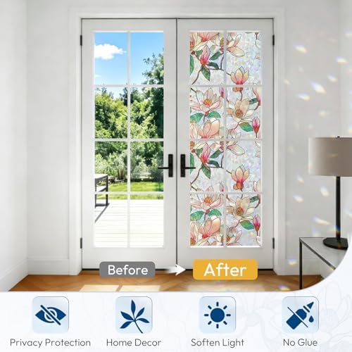 rabbitgoo Stained Glass Window Privacy Film, Magnolia, 23.6" x 118.1"
