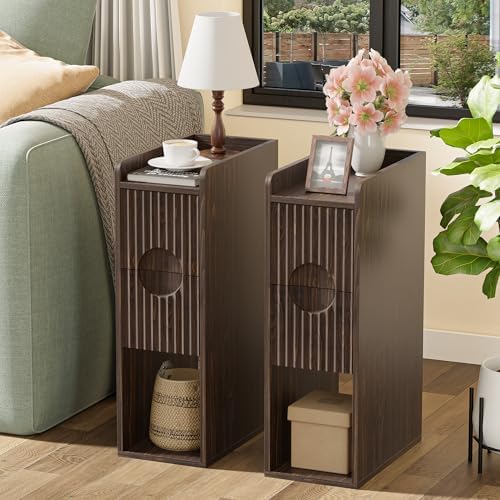 Narrow Nightstand Set of 2, Wood 2 Drawer Narrow Nightstand, Skinny Night Stand with Open Storage, Mid Century Modern Slim Bedside Table for Bedroom, Walnut
