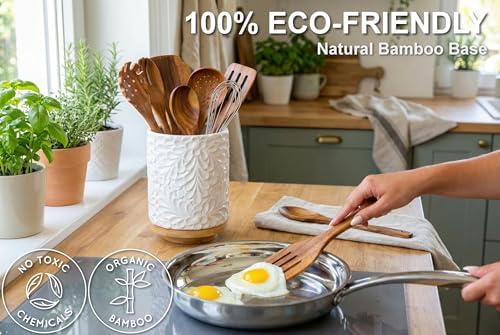 25DOL 360° Rotating Utensil Holder, 8.3-Inch Ceramic Crock with Bamboo Base