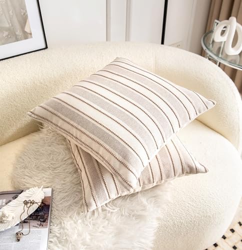 Cethom Decorative Boho Throw Pillow Covers, Farmhouse Textured Pillow Case, 22 x 22 Inch Set of 2, Chair Sofa Bedroom Living Room Home Decor Couch Cushion Case, Taupe and Beige Striped