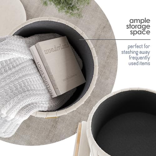 Round Ottoman with Storage, Pleated Velvet Storage Ottoman, Foot Stool Ottomans, Makeup Vanity Stool, Small Ottomans Foot Rest, Modern Vanity Stools for Living Room and Bedroom, Cream