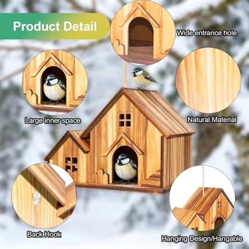 Bird Houses for Outside, Wooden Hanging Birdhouse with Spacious Space, Outdoor Bird Nest for Bluebirds, Finches, Yellow Finches, Garden Decorative