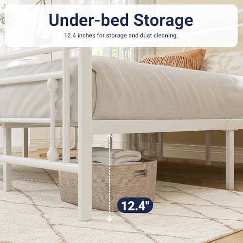 Allewie King Size Metal Platform Bed Frame, Victorian Headboard, White