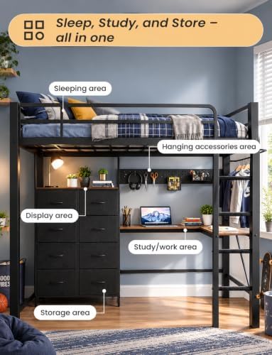 Twin Metal Loft Bed with Desk and 8 Large Fabric Drawers, Heavy Duty, Black