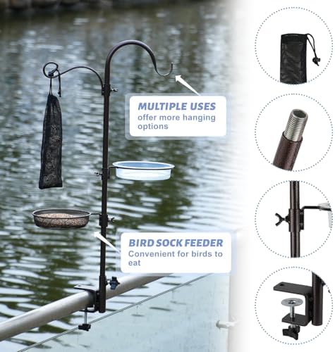 Deck Bird Feeding Station | Premium Multi Feeder Hanging Kit with Bird Bath & Sock Feeder | Attracts Wild Birds, Planter Hanger Hook for Outdoor Deck, Patio, Garden