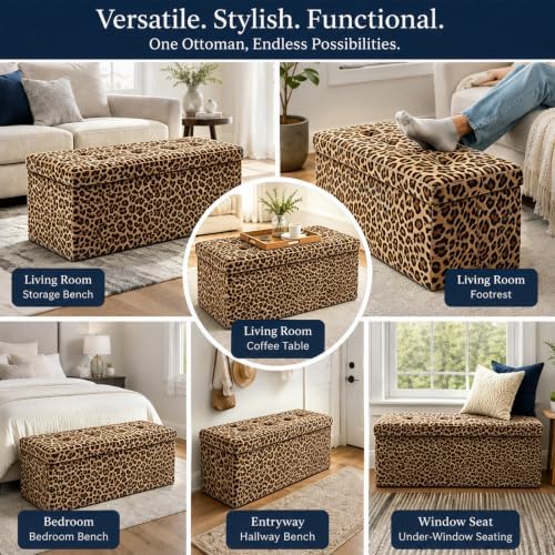 ALASDO 43 Inch Folding Storage Ottoman Bench with Hidden Storage, PU Leather Ottoman Foot Rest Stool, End of Bed Bench for Bedroom, Living Room, Entryway and Closet, Leopard Print