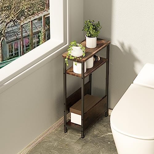 THUMEYE 7.1" Narrow Side Table for Small Spaces, 3 Tier Small End Table with Magazine Holder, Slim/Skinny Nightstand/Bedside Table for Living Room, Bedroom, 15.4" L x 24.2" H