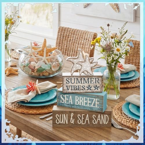 Yuntau 4 Pcs Summer Beach Decorations for Home Beach Tiered Tray Decor Starfish Coastal Rustic Starfish Wooden Block Table Sign Stacked Book Nautical Table Centerpiece for Farmhouse Office Desk Shelf