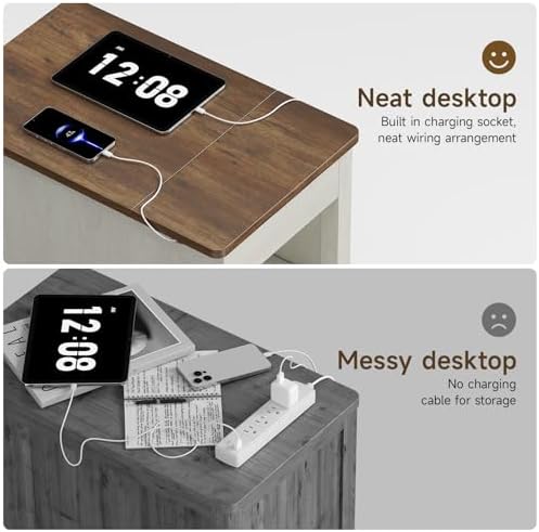 ONBRILL Rustic End Table with Charging Station, Narrow Side Table, White