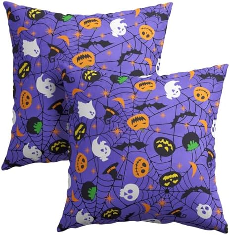 Halloween Purple Throw Pillow Covers 20x20 inch Set of 2 Humour Pumpkins Ghost Skeleton Bat Web Decorative Pillowcase Holiday Cotton Linen Pillow Cases for Home Sofa Porch Outdoor Decor