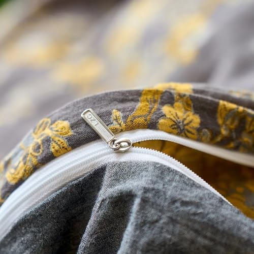 BuLuTu Jacquard Textured Muslin Duvet Cover Set King, Cottage Comforter Cover Yellow Floral, Ultra Soft Breathable Yarn-Dyed Cotton Quilt Cover with 2 Pillow Cases, 104"x90", All Seasons