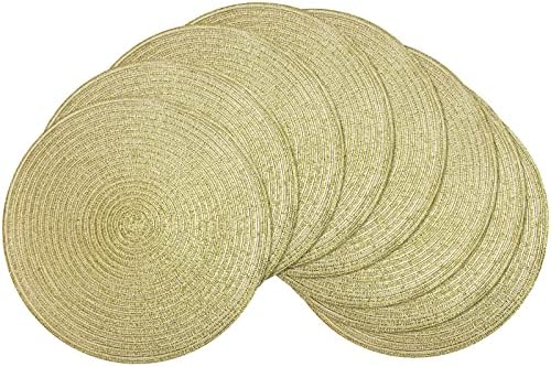 SHACOS Glitter Gold Round Braided Placemats Set of 8 Sparkle Washable 15 inch Round Table Mats Woven Place Mats for Christmas Party Dining Table (Gold, 8)