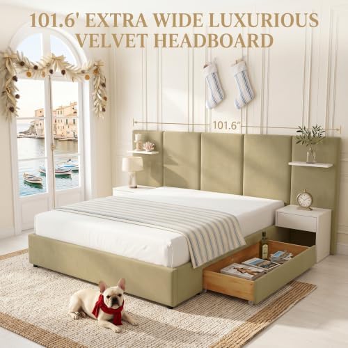 Queen Size Bed Frame with Storage & Built-in Nightstands & Drawers, Stone
