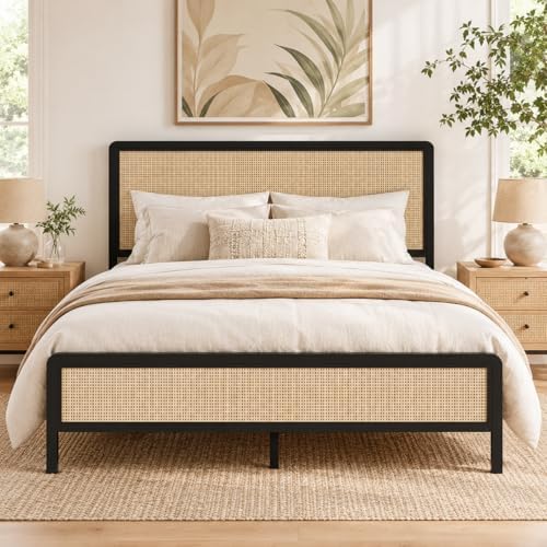 IMMERSTABLE Rattan Full Size Bed Frame with Headboard, Boho Full Metal Platform Bed Frame with Steel Slats, Under Bed Storage, Rounded Corners, No Box Spring Needed, Quiet Design, Easy Assembly, Black