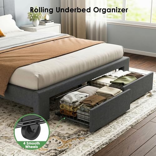 Marsail Queen Bed Frame with 2 Storage Drawers - Upholstered, Adjustable Headboard,6"-12" Mattress Fit, 1300 lbs Capacity, 12-Leg Sturdy Wood Construction, Easy Assembly, Dark Gray