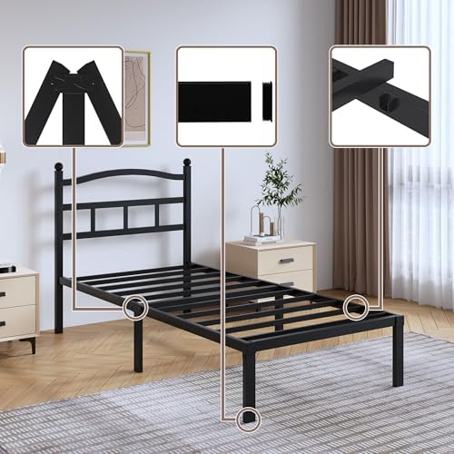 Metal Bed Frame with Headboard - 14 Inch Twin XL Size Heavy Duty Bedframe Black Basic Steel Slats Platform No Box Spring Needed/Easy Assembly/Noise Free