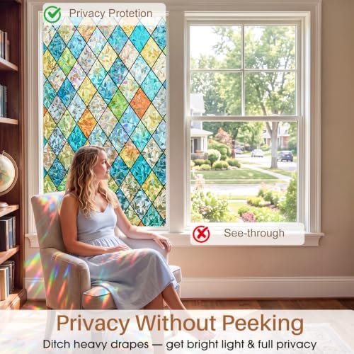 Sunbaby Stained Glass Winodw Film, Rainbow Lattice Stickers, 23.6"x78.7"