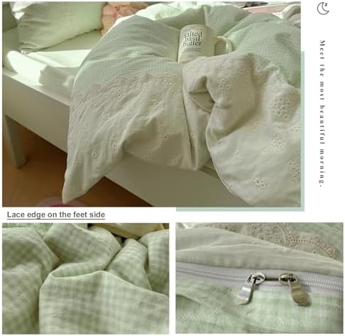 Lace Duvet Cover Set Queen(90"x90"),Green Gingham
