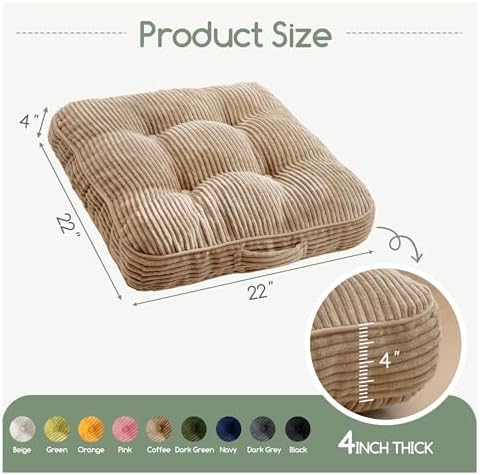 HIGOGOGO Floor Pillow Cushion for Adults, Meditation Cushion Pillow, Large Square Floor Sitting, Tufted Corduroy Cover, for Tatami Living Room or Yoga, 22x22 Inch, Coffee