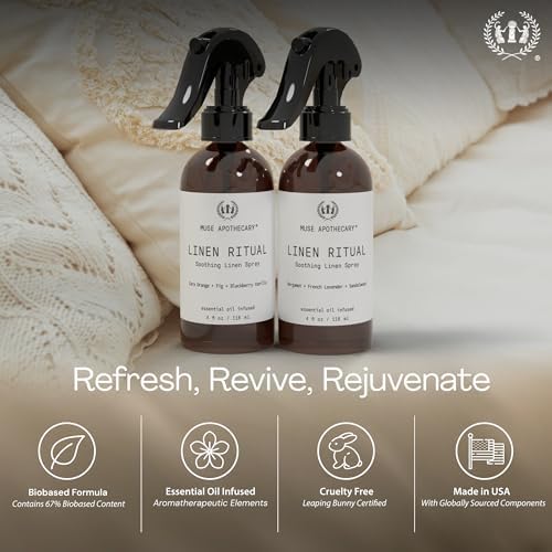 Muse Apothecary Linen Ritual - Aromatic, Soothing, and Relaxing Linen Mist, Laundry and Fabric Spray - Infused with Aromatherapy Essential Oils - 8 oz, Bergamot + French Lavender + Sandalwood, 2 Pack