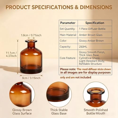 8.4oz Glass Reed Diffuser Bottles, Amber Fragrance Container