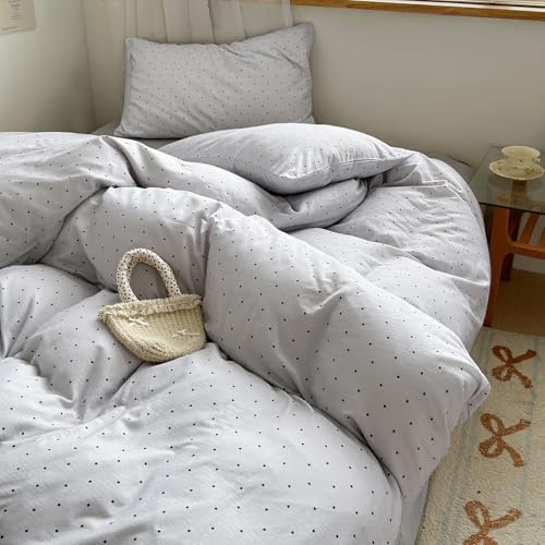 LifeTB Grey Duvet Cover King Size, 3 Piece Polka Dot Duvet Cover with 2 Pillowcases, 100% Cotton Muslin Breathable All Seasons Comforter Cover, Cute Polka Dot Bedding Set for Teen Girls Women