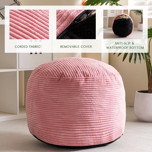 HIGOGOGO Round Stuffed Pouf Ottoman, Corduroy Poufs with Foam Chunk Filling, Furry and Fluffy Pouf Foot Stool Storage Ottoman, 26 X 18 Floor Poufs Foot Rest for Living Room, Pink