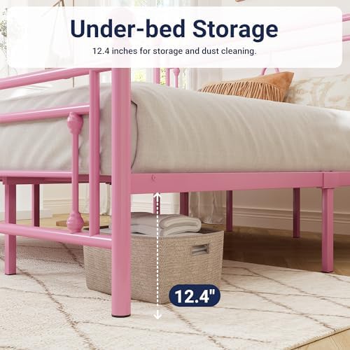 Allewie King Size Metal Platform Bed Frame, Victorian Headboard, Pink