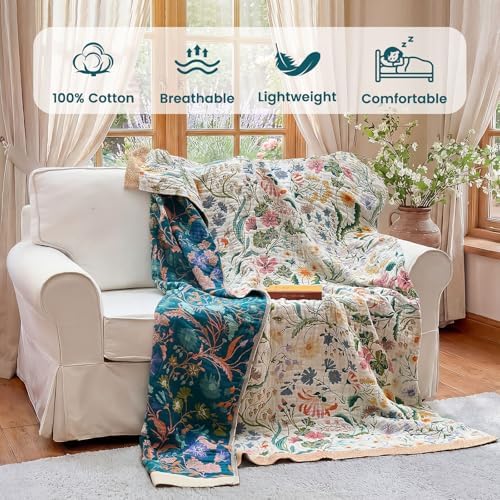MSGKV Boho Throw Blanket 60"x80" Cotton Floral Blanket for Couch Bed Decor