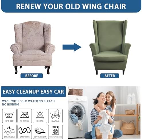 Wingback Chair Slipcovers 2 Piece,Green Wing Chair Slipcovers,Stretch Spandex Wingback Chair Covers for Living Room Armchair,Washalbe Sofa Slipovers
