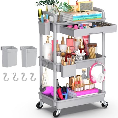 Goovilla 3 Tier Rolling Utility Cart Organizer with Removable Drawer, Grey