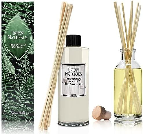 Urban Naturals Reed Diffuser Oil Refill Sandalwood Vanilla with Tahitian Vanilla, Bourbon Notes 8 oz + Free Reed Sticks, Made in the USA