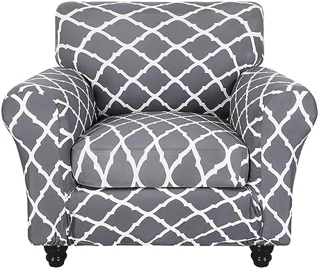 SearchI Stretch Sofa Cover Printed Couch Covers, Floral Pattern 2 Piece Armchair Slipcover with Separate Chair Cushion Cover, Washable Furniture Protector for Living Room(Armchair, Gray+White)