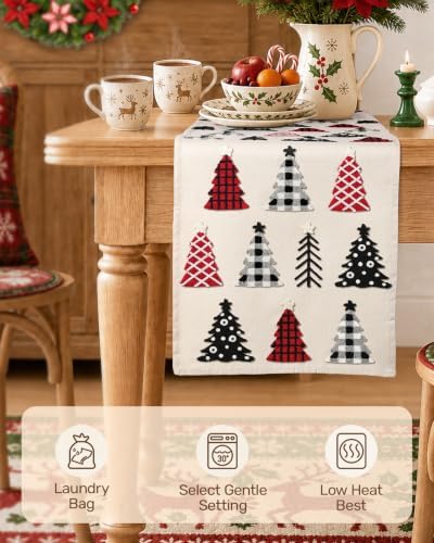 Miss Adola Embroidered Canvas 13"x90" Christmas Table Runner, Tree Crew